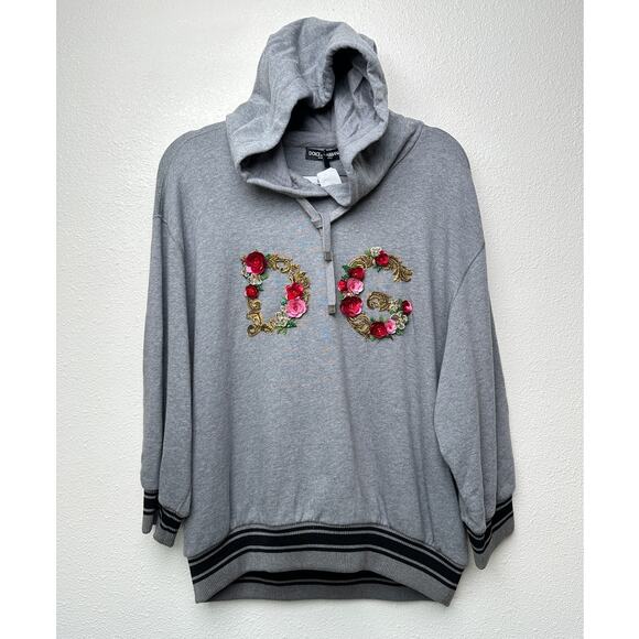 NWT Dolce & Gabbana Embellished Floral Logo Hoodie Gray Women US M - Picture 2 of 16